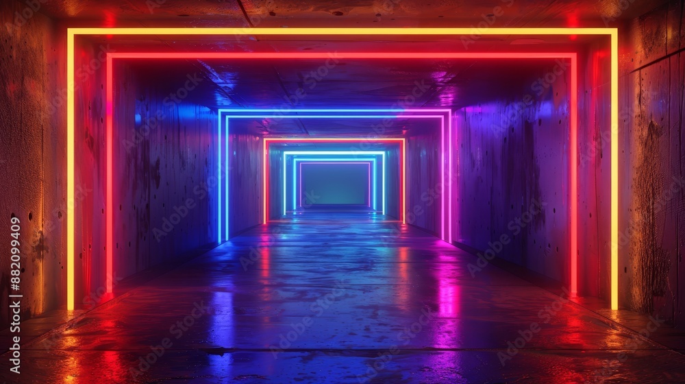 Stocke is an underground corridor with neon glowing blue and orange lights, glossy concrete surfaces, and atmospheric lighting. Stocke is an underground corridor with neon glowing blue and orange lights, glossy concrete surfaces, and atmospheric lighting.