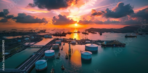 Technology for storing and transferring liquefied natural gas. Concept storage tanks, LNG transportation vessels, LNG regasification units, cryogenic units. photo