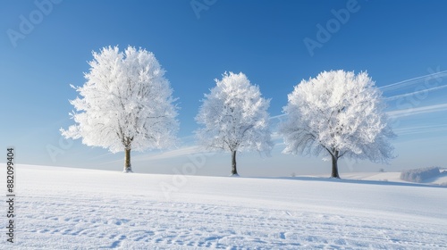 Frost-covered landscape in the heart of winter, delicate ice crystals adorning trees, serene and chilly atmosphere, capturing the essence of the freezing season © Alpha