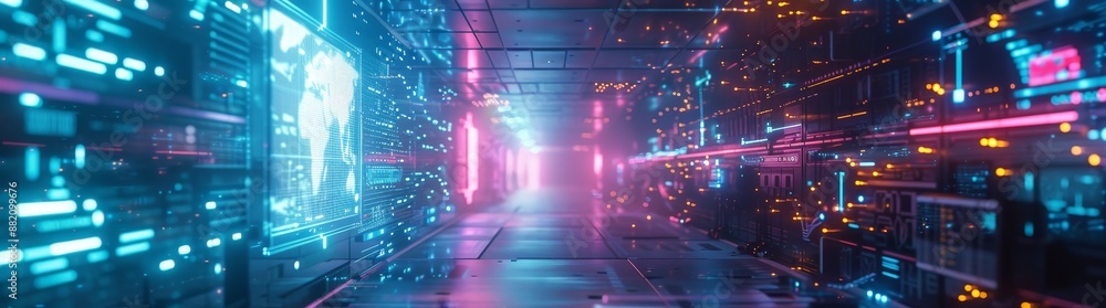 An illustration depicting neon data charts and abstract data patterns in a futuristic business meeting An illustration depicting neon data charts and abstract data patterns in a futuristic business meeting