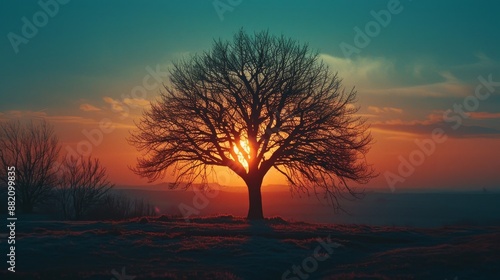 A tree with no leaves, against the backdrop of sunset, illuminated by sunlight.