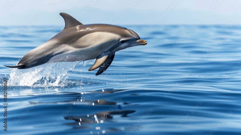 Fototapeta premium Graceful dolphin leaping out of the ocean, sparkling water droplets and blue sky backdrop, emphasizing the playful nature of marine mammals