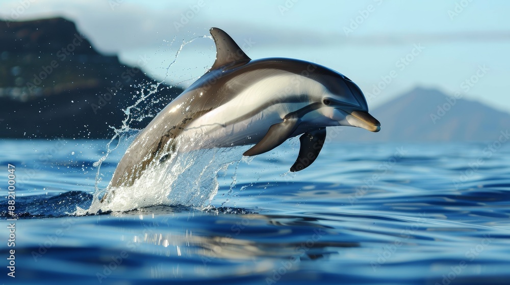 Obraz premium Graceful dolphin leaping out of the ocean, sparkling water droplets and blue sky backdrop, emphasizing the playful nature of marine mammals