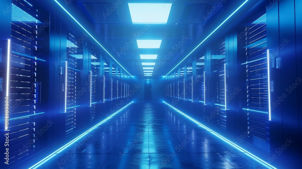 In the working data center, a corridor is filled with rack servers and supercomputers and is depicted with a visual display of high danger skull icons. In the working data center, a corridor is filled with rack servers and supercomputers and is depicted with a visual display of high danger skull icons.