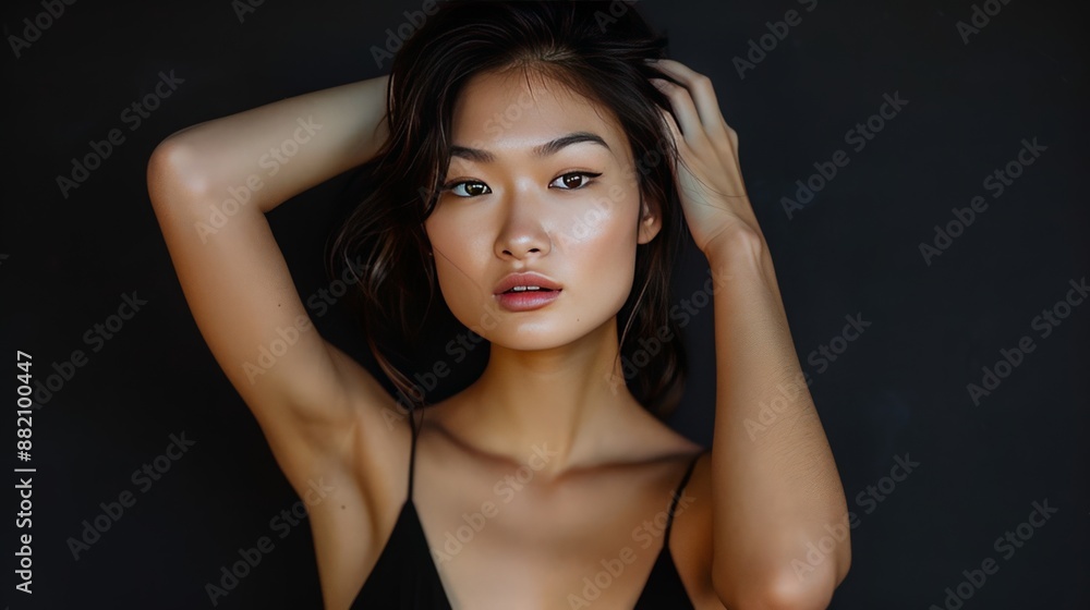 A stylish Asian woman with a great figure and flawless skin poses in a chic black dress, embodying the ideals of beauty, A stylish Asian woman with a great figure and flawless skin poses in a chic black dress, embodying the ideals of beauty,