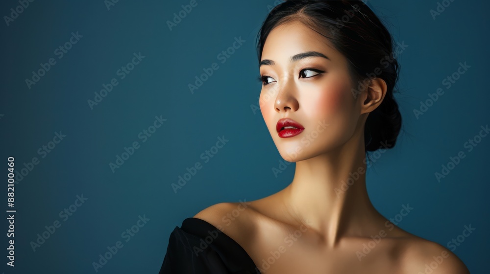 A stylish Asian woman with a great figure and flawless skin poses in a chic black dress, epitomizing beauty, A stylish Asian woman with a great figure and flawless skin poses in a chic black dress, epitomizing beauty,