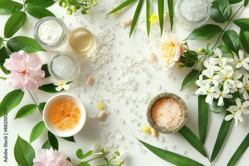 This is a styled beauty corner, web banner. There is a skin cream bottle, tonicum bottle, dry flowers, leaves, roses and Himalayan salt on a white table background. This is organic cosmetic, spa This is a styled beauty corner, web banner. There is a skin cream bottle, tonicum bottle, dry flowers, leaves, roses and Himalayan salt on a white table background. This is organic cosmetic, spa