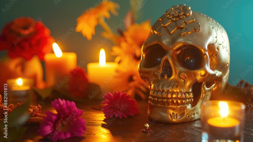 Traditional Dia de los Muertos Altar with Golden Skull and Flowers Traditional Dia de los Muertos Altar with Golden Skull and Flowers