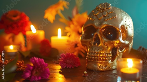 Traditional Dia de los Muertos Altar with Golden Skull and Flowers