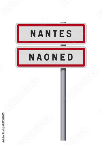 Panneau d'entrée de la ville de Nantes (Loire-Atlantique) avec la traduction en Breton Naoned en vectoriel