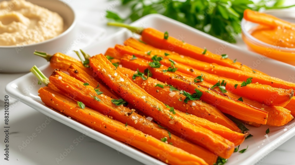 Baked carrot sticks served with a side of dipping sauce and a bowl of hummus Baked carrot sticks served with a side of dipping sauce and a bowl of hummus