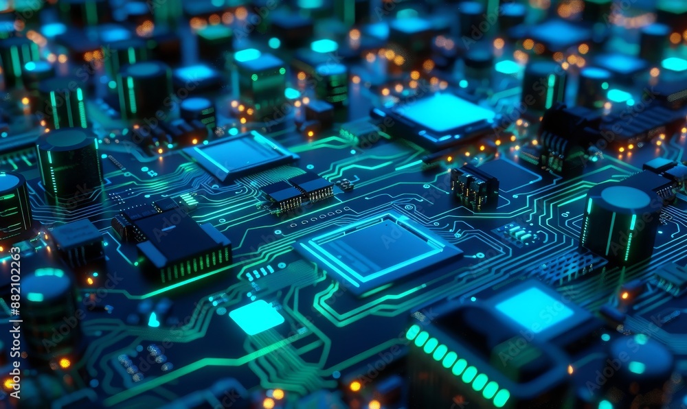This high tech electronic PCB (Printed Circuit Board) background is blue and green in color. This background is a 3D illustration. This high tech electronic PCB (Printed Circuit Board) background is blue and green in color. This background is a 3D illustration.