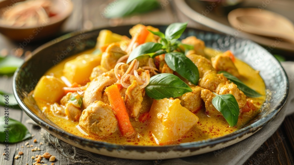 A plate of aromatic Thai yellow curry with potatoes, carrots, and chicken, garnished with fried shallots. A plate of aromatic Thai yellow curry with potatoes, carrots, and chicken, garnished with fried shallots.