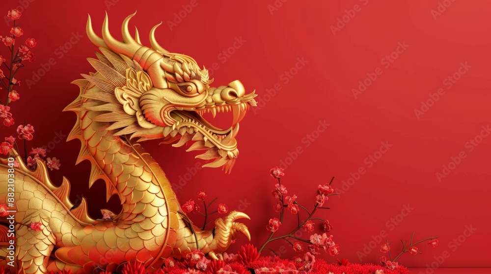 An ornate golden dragon set against a vivid red background with blossoming flowers An ornate golden dragon set against a vivid red background with blossoming flowers