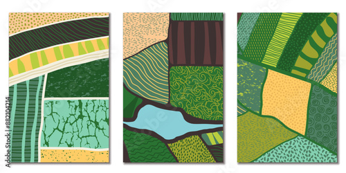 Agriculture field pattern, aerial view set of background. Countryside grassland, farm land from top. Geometric patches, padded mosaic country background, natural patchwork texture