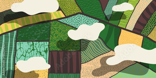 Agriculture field pattern, aerial view with clouds. Countryside grassland, farm land from top. Geometric patches, padded mosaic country background, natural patchwork texture. Flat vector illustration