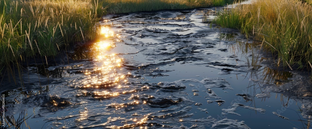 Obraz premium Oil spill in a canal, highlighting environmental concerns