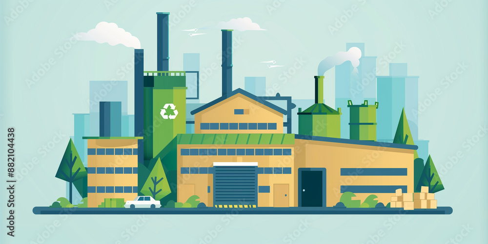 Obraz premium An illustrated cityscape with buildings adorned with recycling symbols, highlighting the integration of sustainable practices within urban environments.