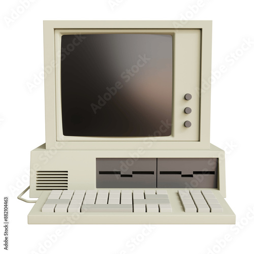 Vintage white Desktop PC with keyboard on transparent background. 3D rendering