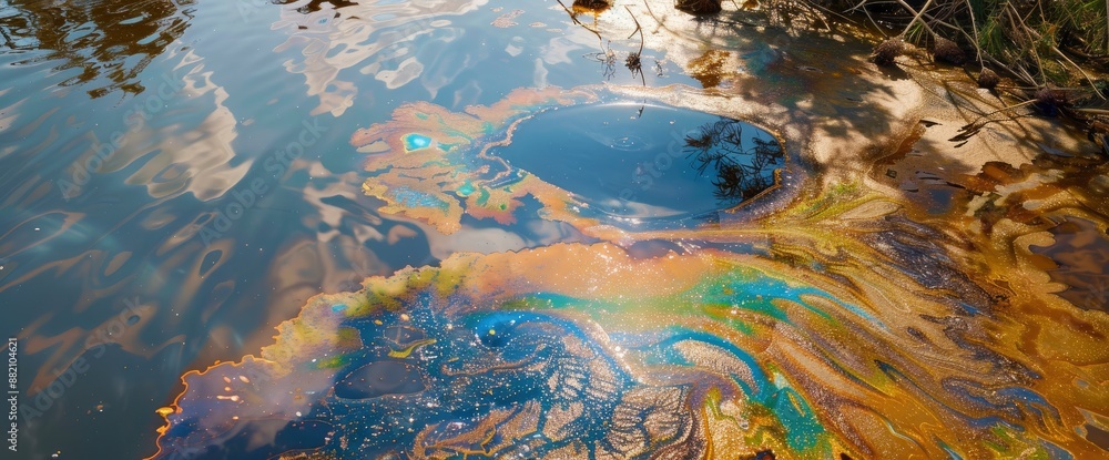 Oil spill in a canal, highlighting environmental concerns Oil spill in a canal, highlighting environmental concerns