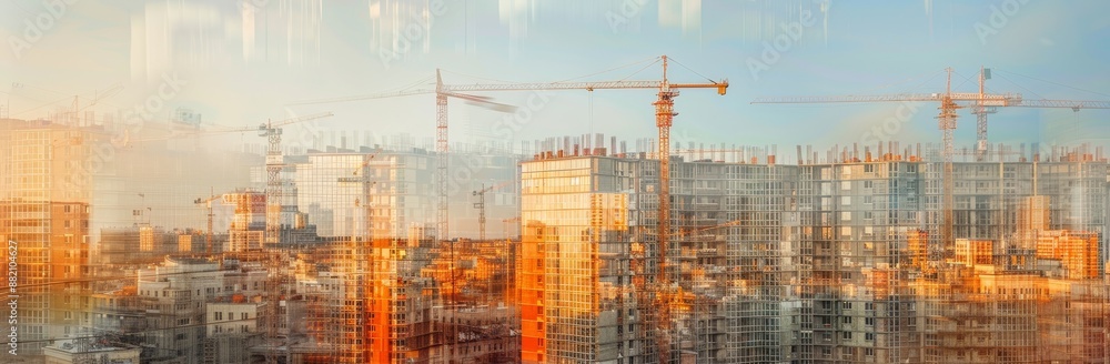 In the background of a blue sky, a construction site is seen in a panoramic view In the background of a blue sky, a construction site is seen in a panoramic view