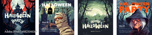 Halloween horror party square banner set. Scary sorceress and zombie in night forest and old dark mansion. Art cover spooky mummy in moonlit cemetery. October 31 horror holiday artwork eps flyer