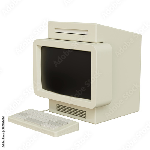 Vintage white Desktop PC with keyboard on transparent background. 3D rendering photo