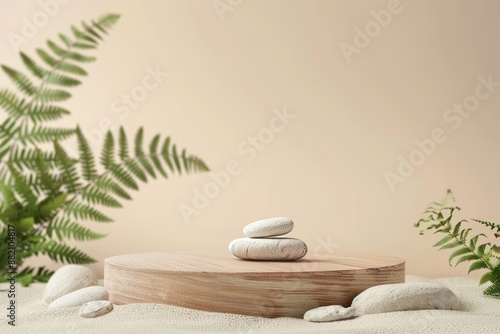 An elegant wooden podium with green leaves and natural stones provides an attractive background for cosmetic products in a natural beige color.