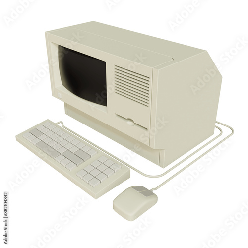 Vintage white Desktop PC with keyboard and mouse on transparent background. 3D rendering photo