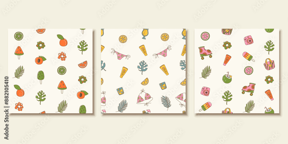 Set of seamless design with trendy summer icons. Repeat pattern with various drawings related to summer time and vacation Set of seamless design with trendy summer icons. Repeat pattern with various drawings related to summer time and vacation