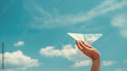 Photo Realistic: Human Hands Holding Paper Airplane Soaring Through Blue Skies, Symbolizing Freedom, Creativity, Dreams   Copy Space Concept in Photo Stock