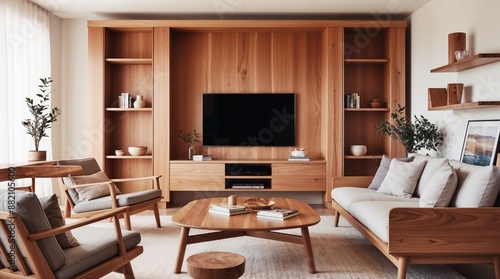 Modern wooden living room with wall mounted television. The space features contemporary wood furnishings, a sleek coffee table, a comfortable sofa, and stylish shelving.