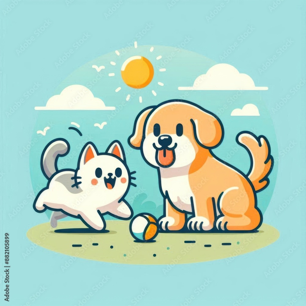 a cat and a dog playing ball under sunny weather , cartoon art a cat and a dog playing ball under sunny weather , cartoon art
