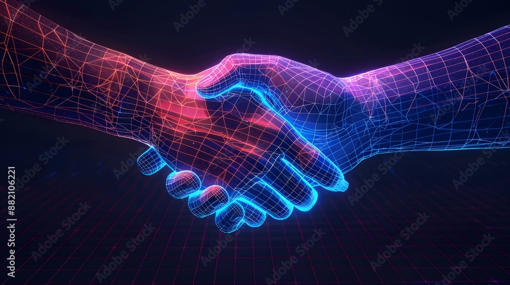 Two wire-frame glowing hands, handshake, technology, business, trust concept Two wire-frame glowing hands, handshake, technology, business, trust concept