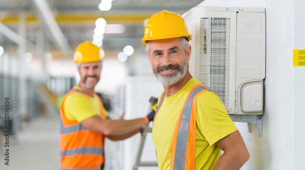 Technician in uniform is maintenance and repairing air conditioning system. Technician in uniform is maintenance and repairing air conditioning system.