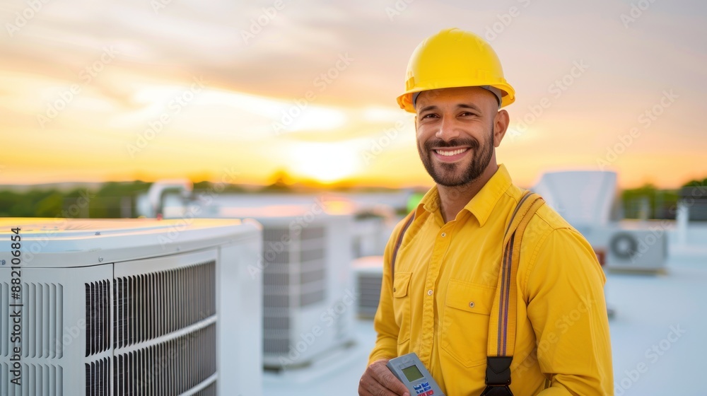 Technician in uniform is maintenance and repairing air conditioning system. Technician in uniform is maintenance and repairing air conditioning system.