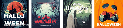 Halloween horror party square banner set. Spooky Jack o lantern pumpkin and old mansion in dark forest. Art cover scary ghost in moonlit night cemetery. October 31 horror holiday artwork eps flyer