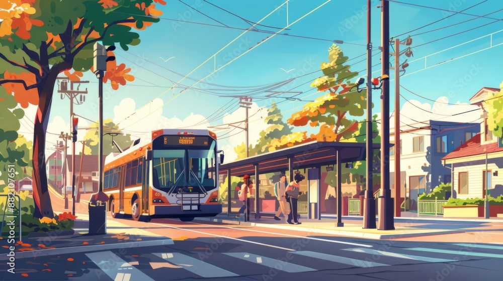 Fototapeta premium A public bus waiting at a stop with passengers boarding during a sunny day.