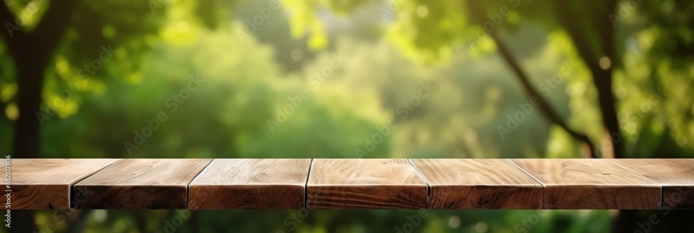 Wooden Table Top with Blurred Green Background Wooden Table Top with Blurred Green Background