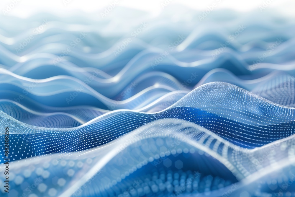 The depth of the sea is evoked in this abstract digital wave composed of deep blue abstract waves dotted with sparkling particles The depth of the sea is evoked in this abstract digital wave composed of deep blue abstract waves dotted with sparkling particles