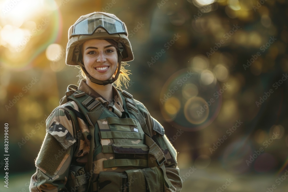Posing in nature, positive caucasian soldier woman smiling at camera. War, hunting, military concept. Posing in nature, positive caucasian soldier woman smiling at camera. War, hunting, military concept.