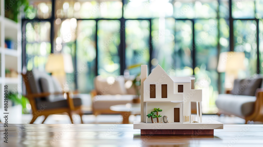 House model on table with living room in background. House payment concept, house buying. House model on table with living room in background. House payment concept, house buying.
