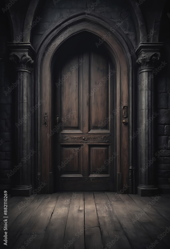 Fototapeta premium A frontal view of a dark room with an old wooden door, dark and mysterious atmosphere, ancient gothic castle