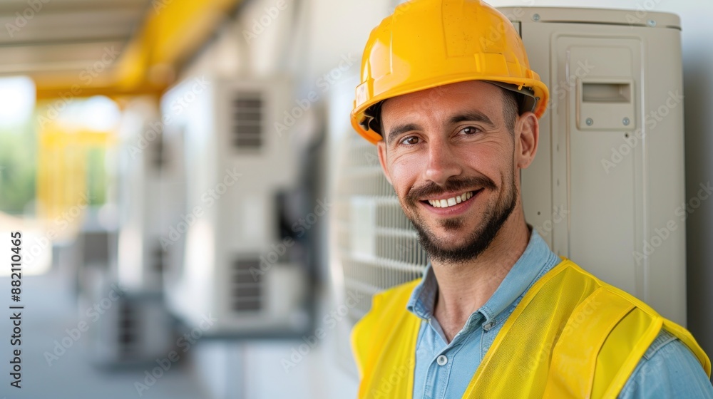 A professional technician in uniform is installing air conditioning system, installation maintenance and repair concept. A professional technician in uniform is installing air conditioning system, installation maintenance and repair concept.