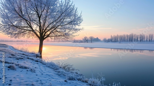 Cold season outdoors landscape, a frost tree by a lake at sunrise, reflection in water, ground covered with ice and snow - Winter seasonal background