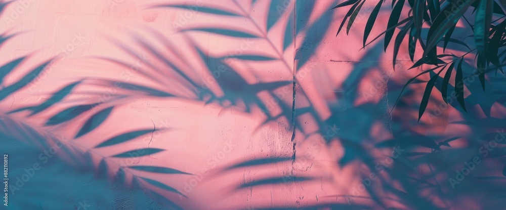 Pink and indigo shadow abstract background overlay with leaf natural blur on a cement wall floor, creating a vibrant and serene atmosphere Pink and indigo shadow abstract background overlay with leaf natural blur on a cement wall floor, creating a vibrant and serene atmosphere