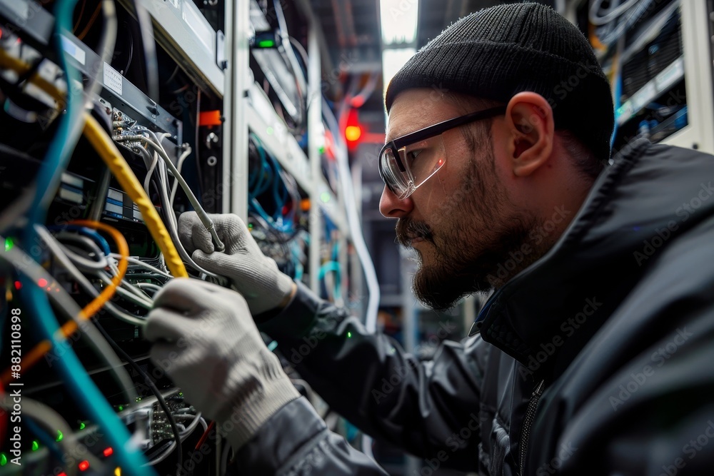 A technician in a data center works with server equipment as he commutes wires. A technician in a data center works with server equipment as he commutes wires.