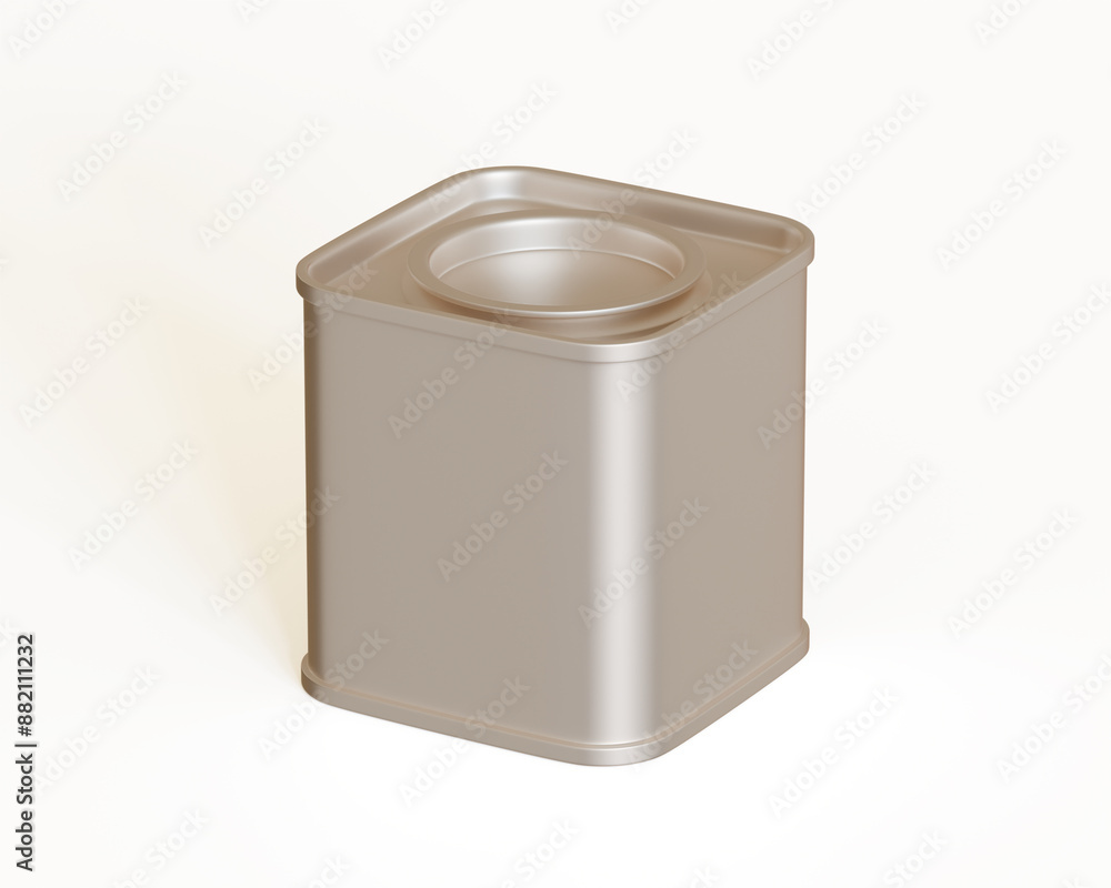 Tea tin square metal texture packaging on gray background 3D render illustration Tea tin square metal texture packaging on gray background 3D render illustration