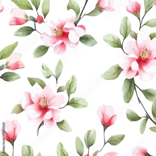 Digital seamless textile White background flower Design with beautiful background, watercolor floral pattern, pink blush flower elements, green leaves branches on a white background, blossom