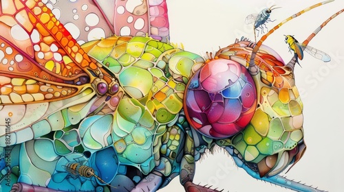 Close-up watercolor painting of a colorful dragonfly with intricate details.